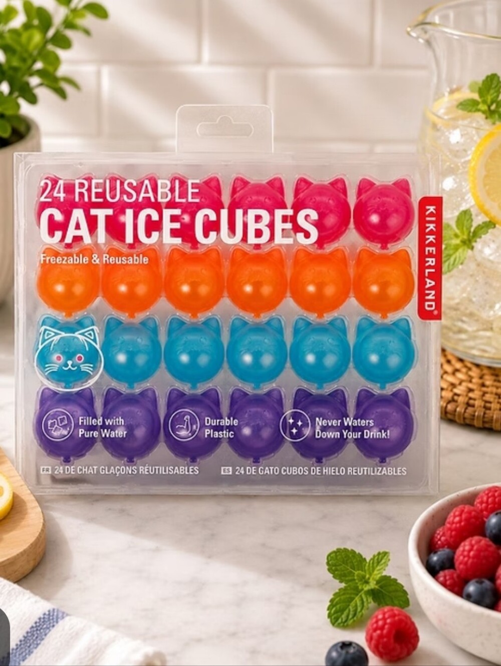 Kikkerland SET 24 Reusable Cat Ice Cubes - Pink Orange BluE Purple Cool KITTY